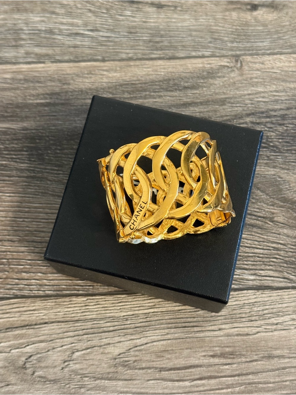 Chanel Gold Openwork "CHANEL" Chain Link Cuff Vintage Bracelet